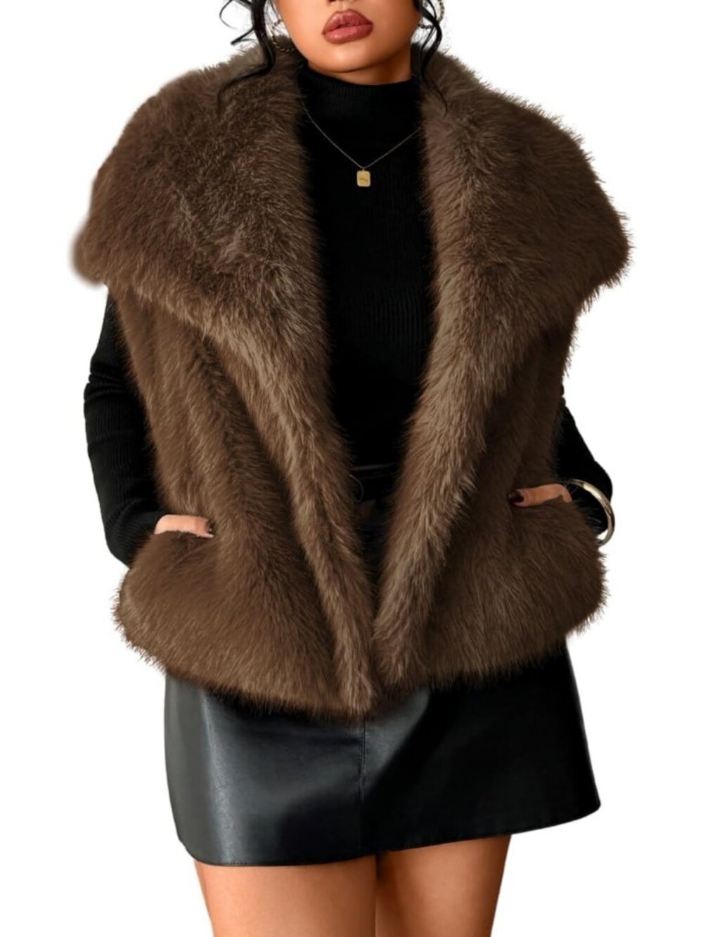 Cozy Women's Faux Fur Vest with Wide Lapel, Sleeveless Design & Pockets
